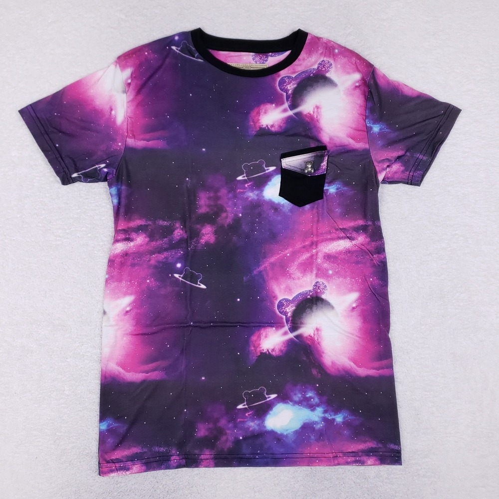 Entree LS Galaxy Teddy Bear Pocket Shirt L Mens Purple Space Graphic Streetwear